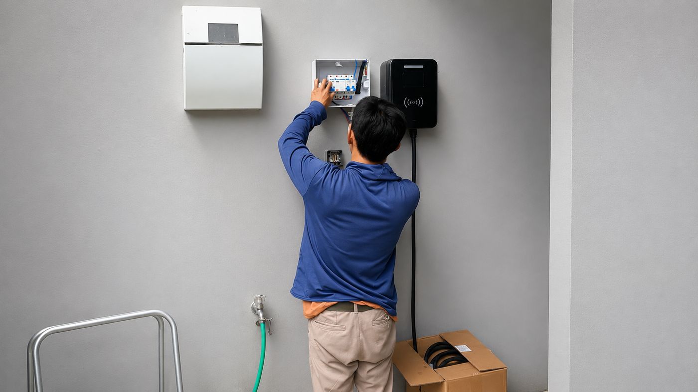 Teknisi ViRdtec merapikan panel proteksi wallcharger